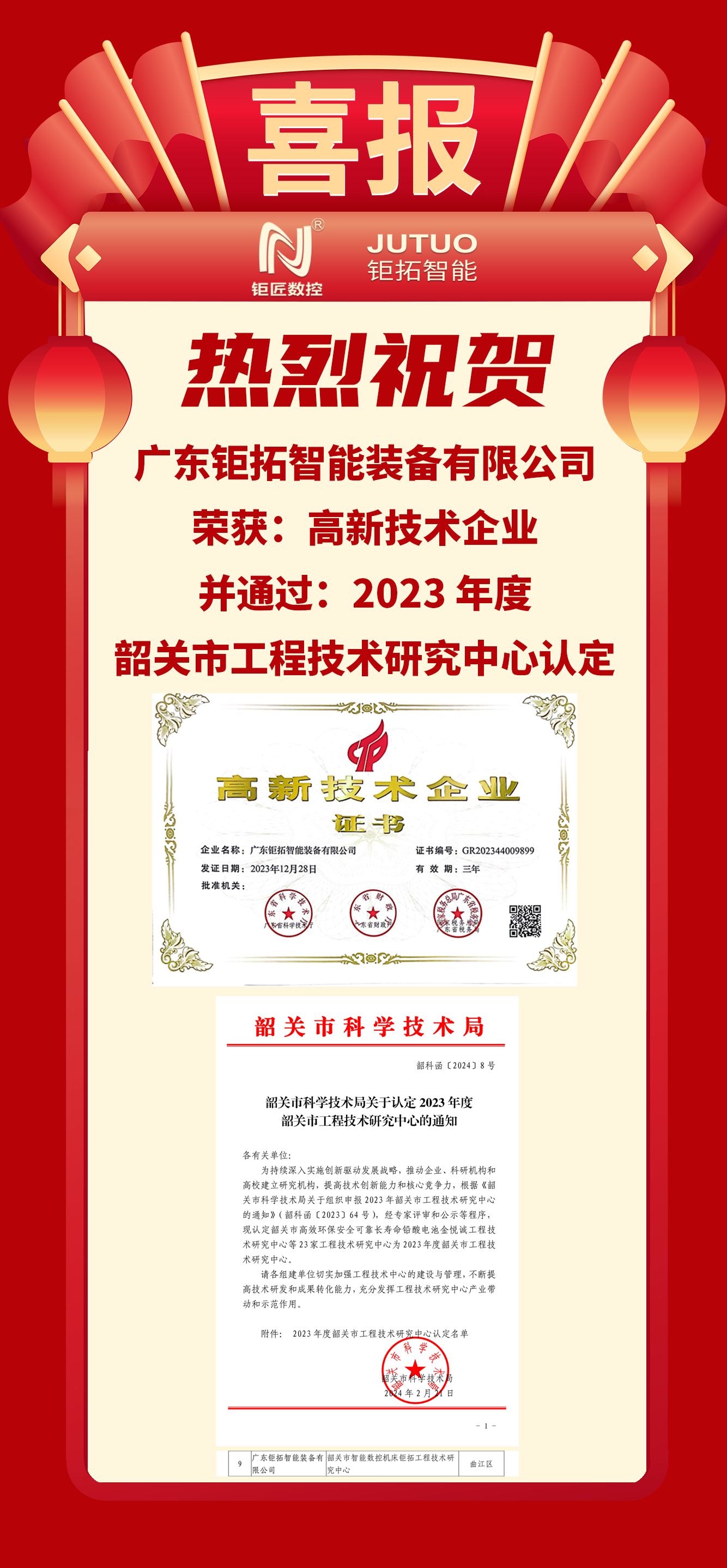 【喜报】多宝电竞数控韶关工厂荣获:高新技术企业、韶关市工程技术研究中心认定